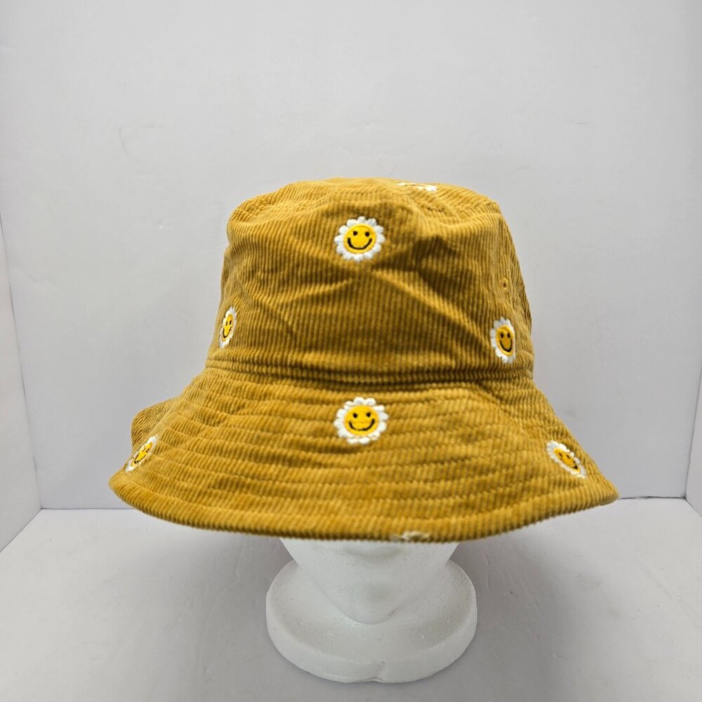 Mighty Fine Smiley Face Bucket Hat – Yellow Corduroy w/ Daisy Embroidery